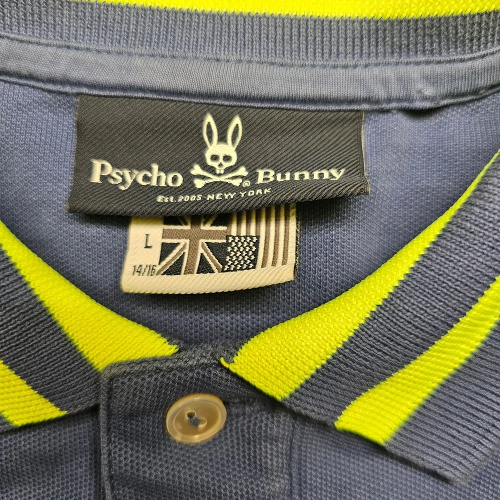 Psycho Bunny Kids Blue Pima Cotton Polo Shirt Neon Yellow Trim Size L 14/16